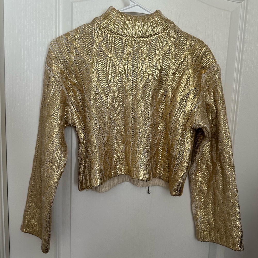 ZARA Gold Metallic Cable Knit Cropped Sweater Mock Neck